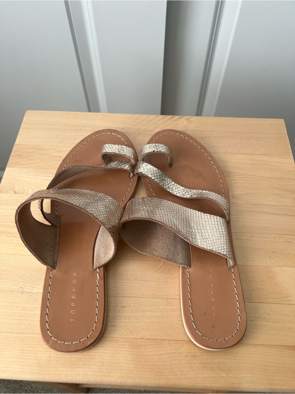 Topshop Gold Metallic Snake-Print Leather Slide Sandals - Picture 4 of 6